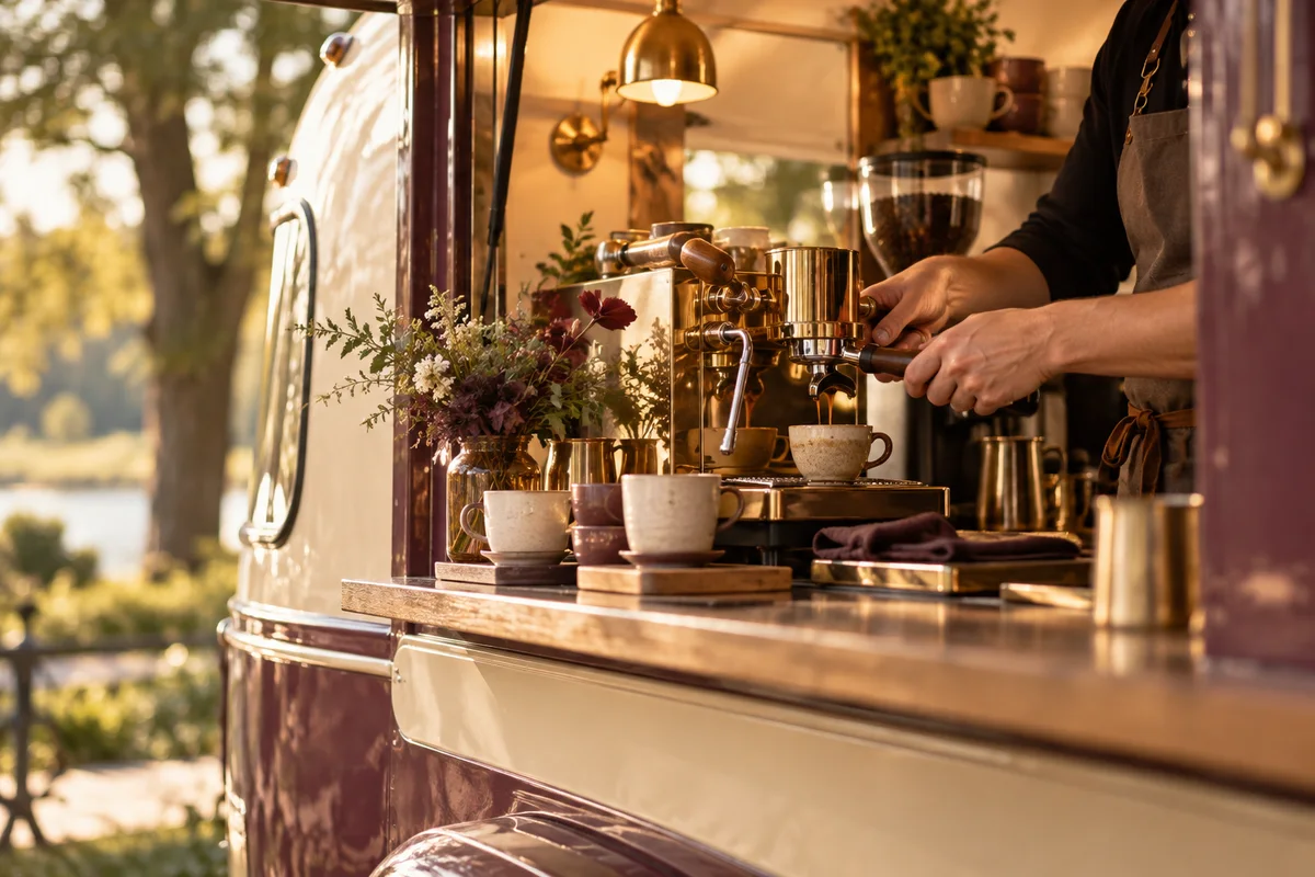 Handcrafted espresso preparation inside a coffee trailer