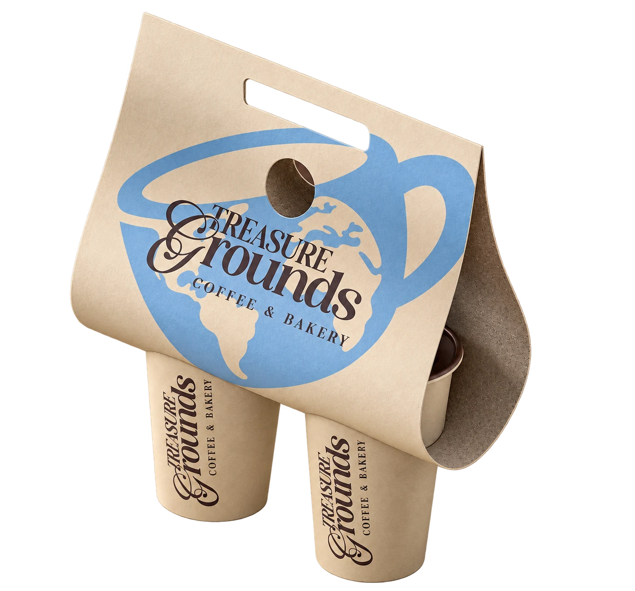 Treasure Grounds drink carrier and cups